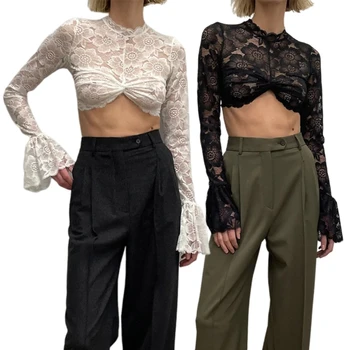 Прозрачен цветен завързана съкратен топ, дамски риза в стил харадзюку с расклешенным дълъг ръкав и обрат отпред