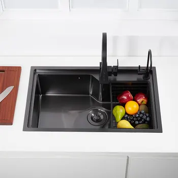 черна кухненска мивка от неръждаема стомана 304 с дъска за бяла дъска, мивка за измиване на зеленчуци, черна мивка над тезгяха или с выносом