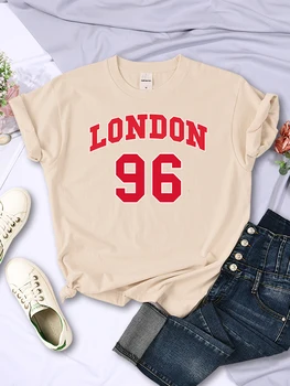 Женска тениска London 96 с червено писмото принтом, реколта градинска облекло в стил хип-хоп, всеки ден на меки дамски блузи с кръгло деколте и къс ръкав