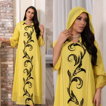 Жълт абайя с качулка, на бродирани джеллаба на лигавицата, Дамски Джелабия с ръкави-листенца, мюсюлманската вечерна рокля за празника Ейд, Саудитска Арабия, Дубай