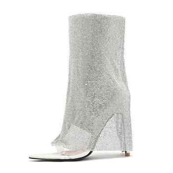 Дамски однополосные сандали от PVC с кристали, шипове на висок тънък ток, странични с цип, свернутая диаманти, обувки за партита и срещи