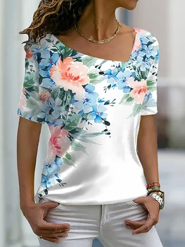 Женска тениска с цветя модел и 3D Елегантен Модерен принтом, лятна Ежедневни тениска с кръгло деколте и къси ръкави, класически топ за момичета