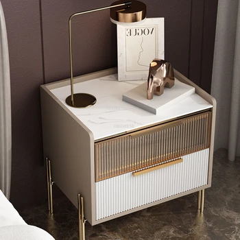 Леки луксозни стъклени шкафчета италиански мебели за спалня Дизайнерска проста нощно шкафче Rock Board Модерен гардероб за съхранение на Спалня