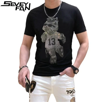 SEVEYFAN Мъжка тениска в стил хип-хоп с кристали, готини тениски с изображение на Мечка, мъжки ризи, Топла тениска Dimond Track за мъже и жени