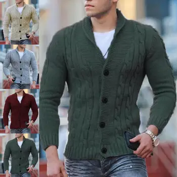 Есенен пуловер приталенного намаляване с Голям ревера, еластичен мъжки пуловер однотонного цветове за работа