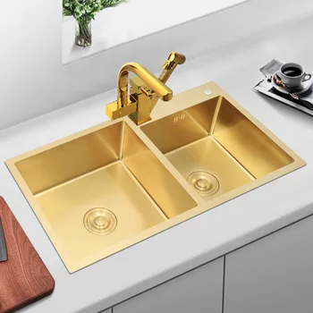 Кухненска мивка от нано злато 304 от неръждаема стомана, мивки за монтаж върху тезгяха или под него, двойна мивка, мивка Златни